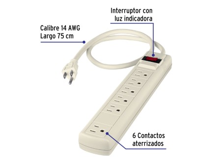 Multicontacto 14 AWG 6 entradas supresor de picos 450 joules