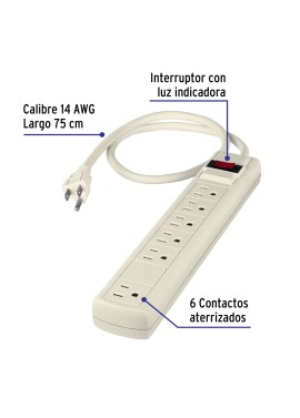 Multicontacto 14 AWG 6 entradas supresor de picos 450 joules