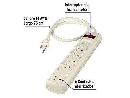 Multicontacto 14 AWG 6 entradas supresor de picos 270 joules