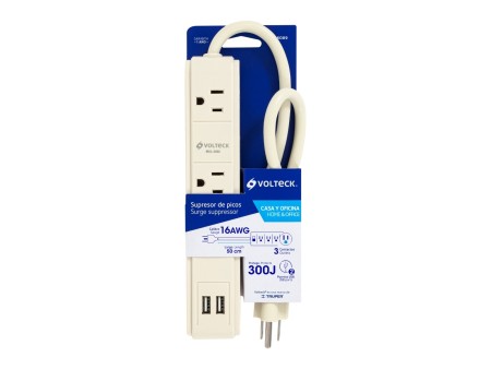 Multicontacto 16 AWG 3 entradas 2 puertos USB supresor 300 J