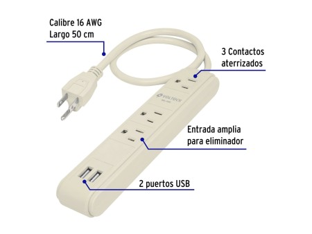 Multicontacto 16 AWG 3 entradas 2 puertos USB supresor 300 J