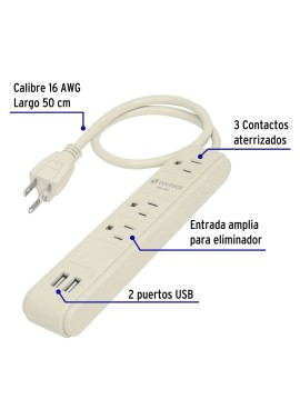 Multicontacto 16 AWG 3 entradas 2 puertos USB supresor 300 J