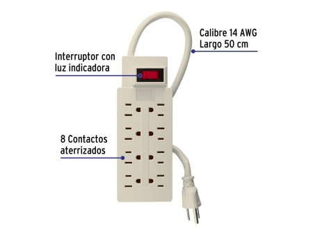 Multicontacto 14 AWG uso rudo con 8 entradas, Volteck