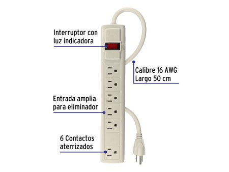 Multicontacto 16 AWG uso rudo con 6 entradas, Volteck