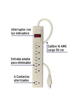 Multicontacto 16 AWG uso rudo con 6 entradas, Volteck