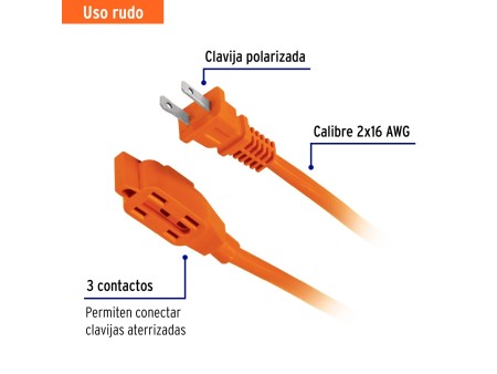 Extensión eléctrica de uso rudo 30 m 2x16 AWG, Volteck