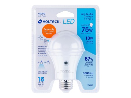 Lámpara LED tipo bulbo A19 10 W con sensor de luz, Volteck