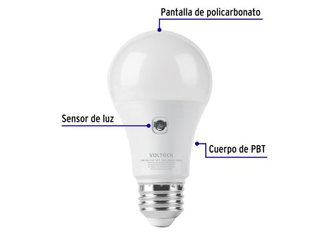 Lámpara LED tipo bulbo A19 10 W con sensor de luz, Volteck