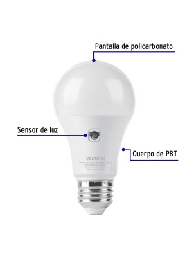 Lámpara LED tipo bulbo A19 10 W con sensor de luz, Volteck